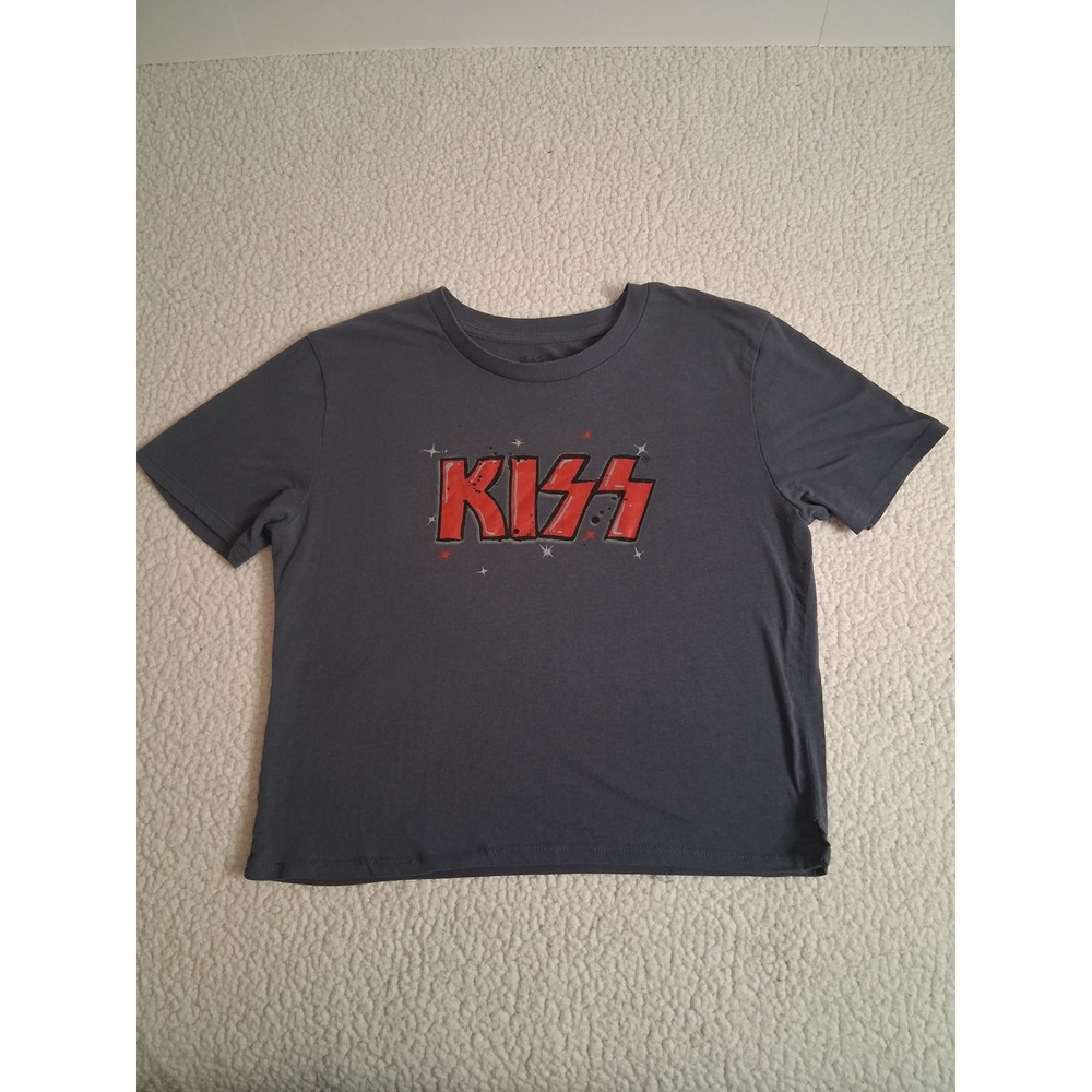 KISS Band Graphic Crop Tee Womens Charcoal Gray Short Sleeve Rock T-Shirt Small
